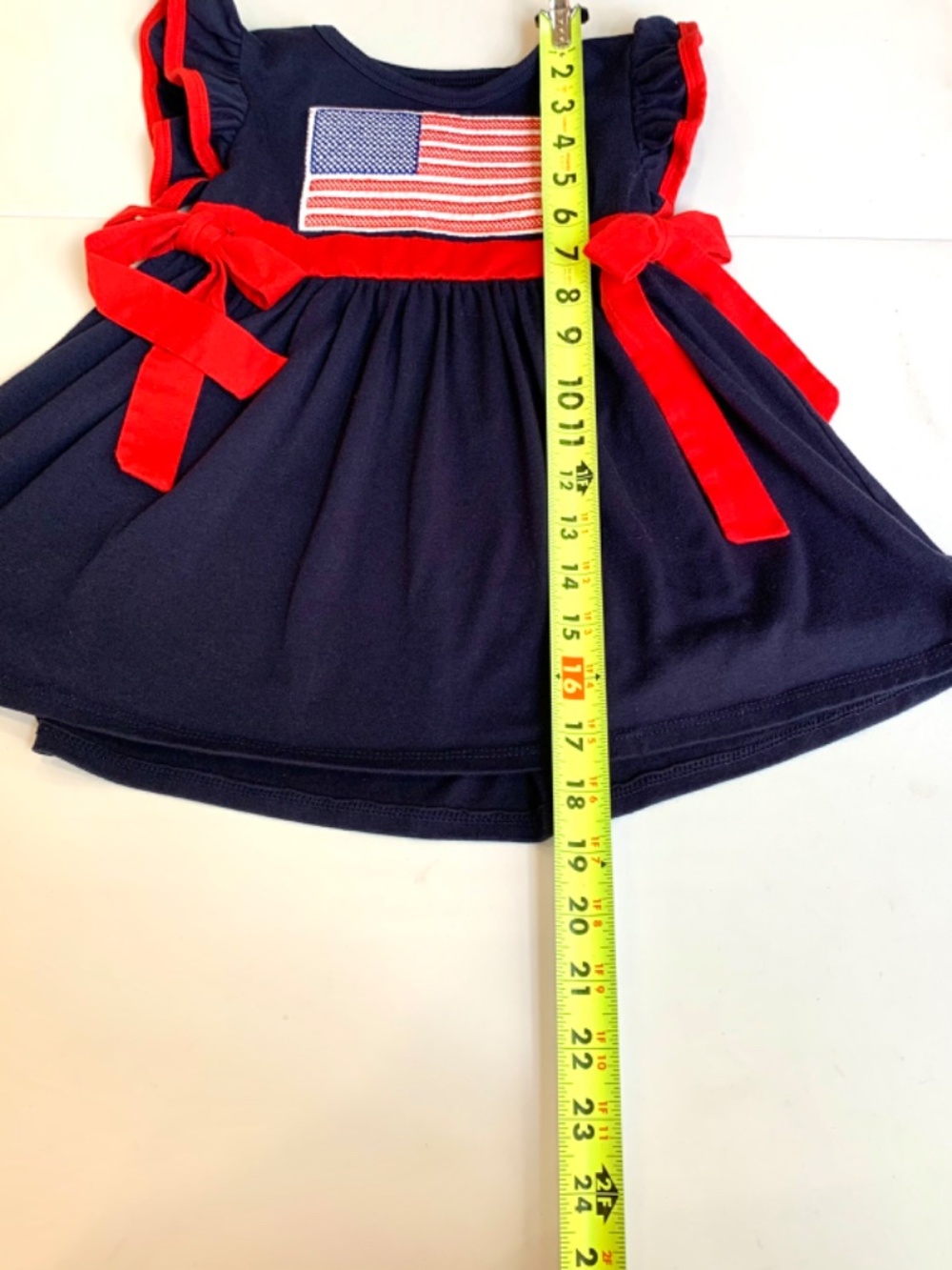 Down by the creek Girls Dress American Flag Blue Red Bow Short Flutter Sleeves - Picture 8 of 9